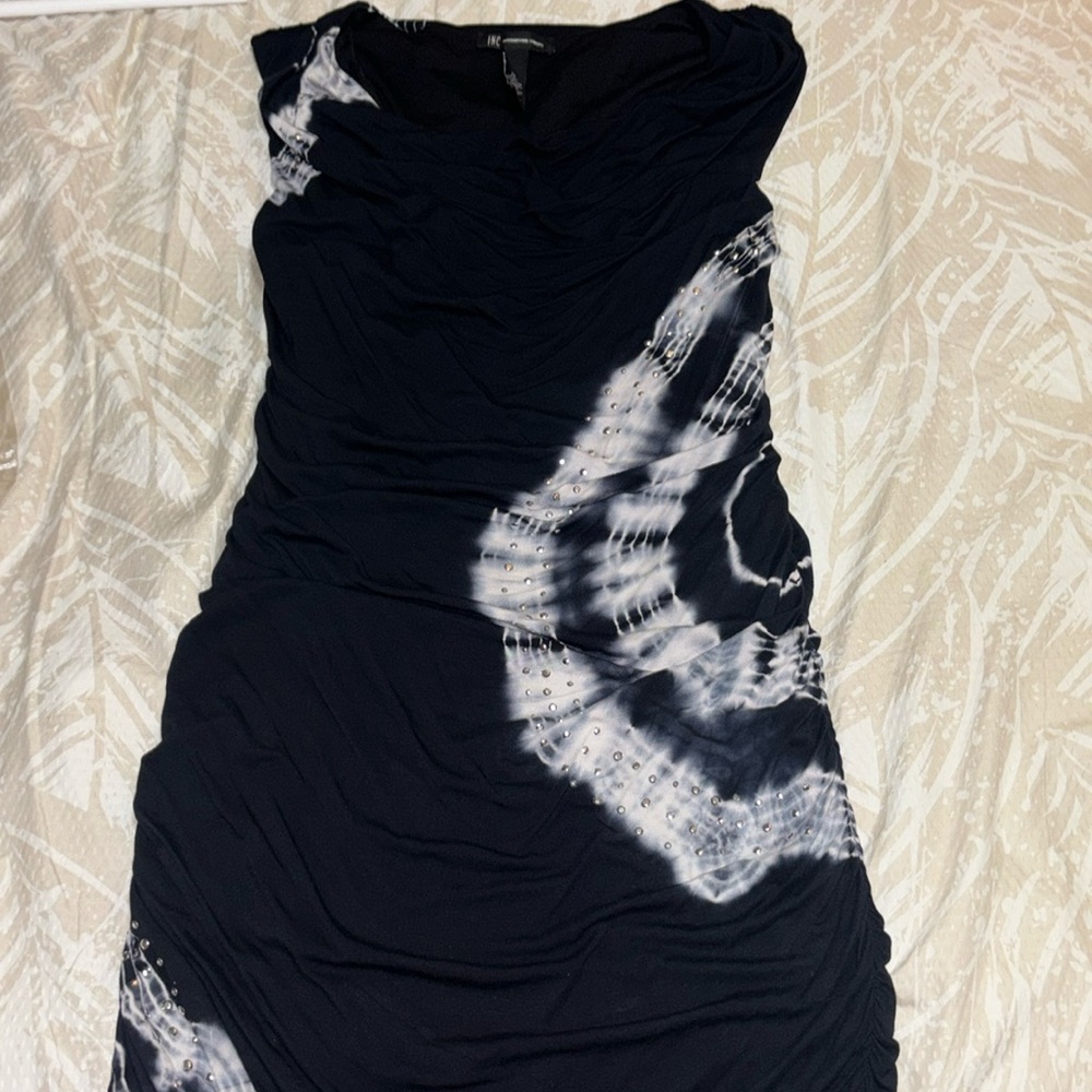 Navy Blue White Tie Die Waist Synching Dress